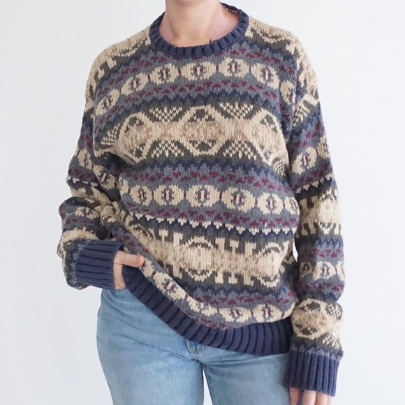 Vintage American Eagle Outfitters Taupe Blue Knit Eclectic Grandpa Crewneck M - Picture 1 of 10